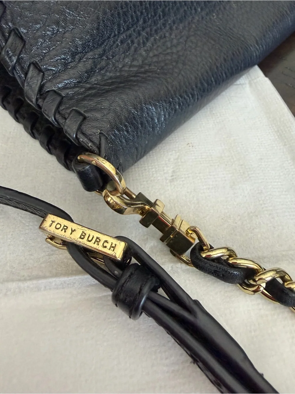 Tory Burch Black Leather Crossbody Bag with Braided Trim & Gold Chain